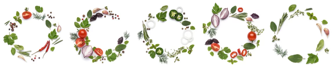 Crédence de cuisine en verre imprimé Légumes frais Set of fresh aromatic herbs with spices and vegetables on white background