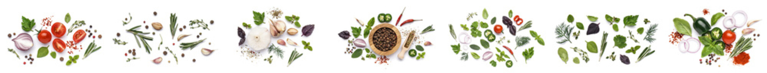 Collection of fresh aromatic herbs with spices and vegetables on white background