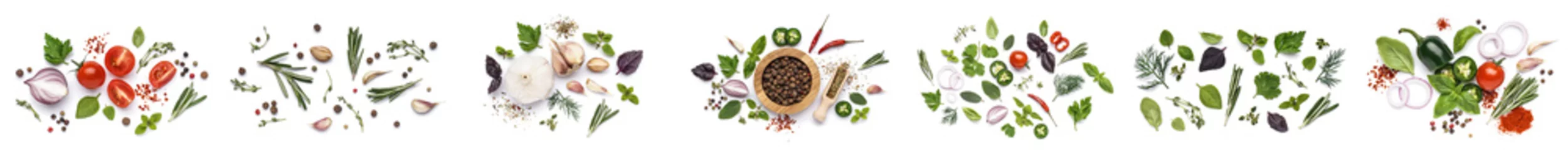 Photo sur Plexiglas Légumes frais Collection of fresh aromatic herbs with spices and vegetables on white background