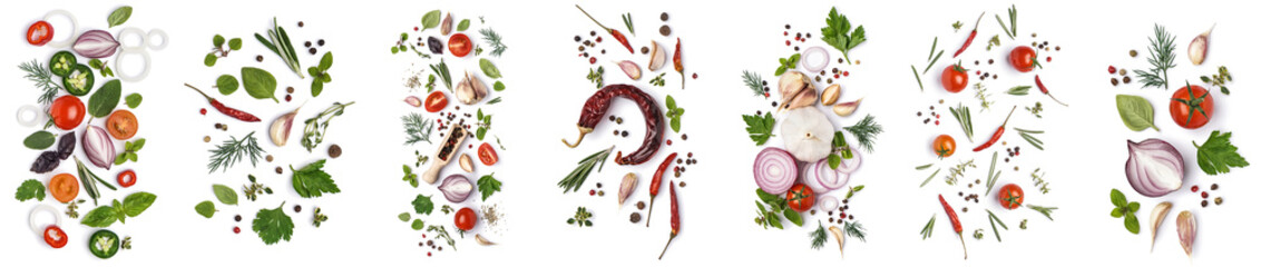 Collage of fresh aromatic herbs with spices and vegetables on white background