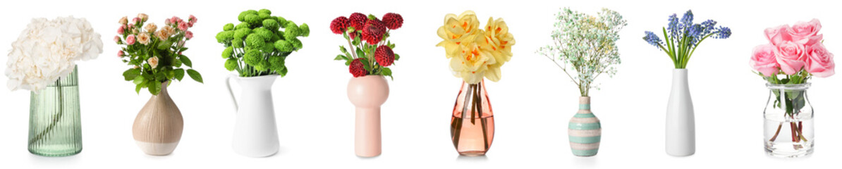 Collage of aromatic fresh flowers in stylish vases on white background - obrazy, fototapety, plakaty
