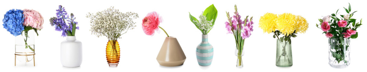 Fototapeta premium Group of beautiful fresh flowers in stylish vases on white background