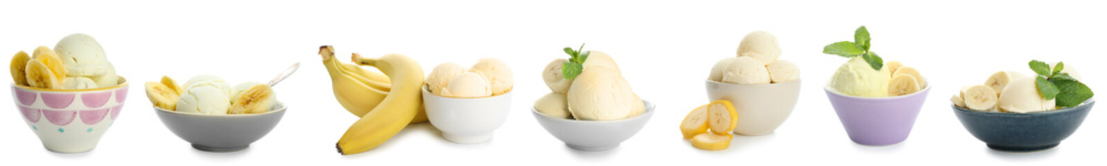Collage of tasty banana ice-cream on white background