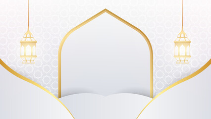 Arabic Islamic Elegant White and Golden Luxury Ornamental Background with Islamic Pattern and Decorative Ornament Border Frame