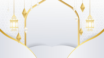 Arabic Islamic Elegant White and Golden Luxury Ornamental Background with Islamic Pattern and Decorative Ornament Border Frame