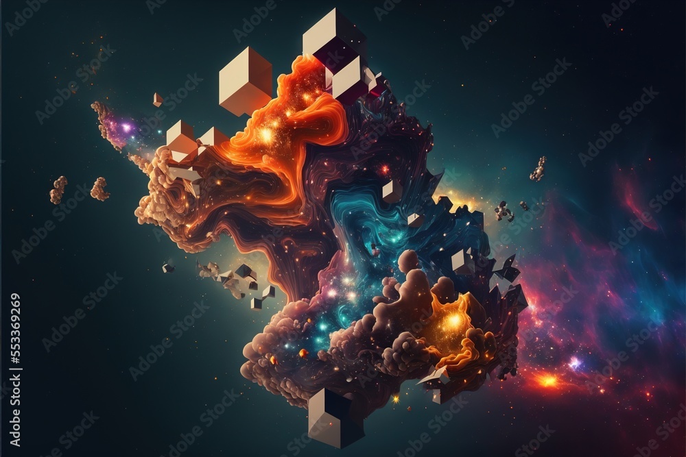 Poster a colorful abstract artwork with a lot of stars and shapes in the background. generative ai