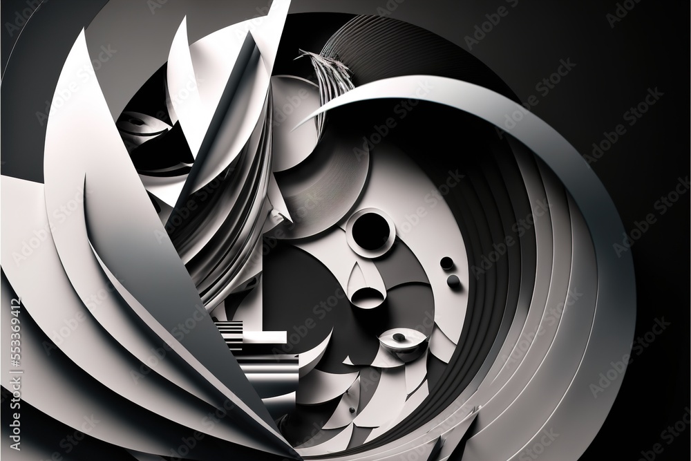 Poster a black and white photo of a clock with a spiral design on it's face and a clock tower in the middle