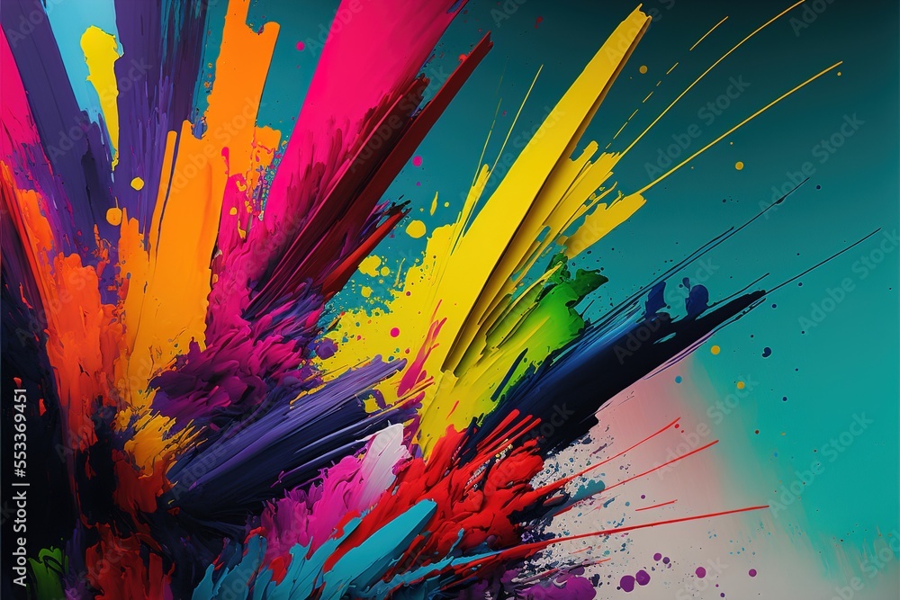 Poster a colorful abstract painting with lots of colors on it's side and a black background with a white bo