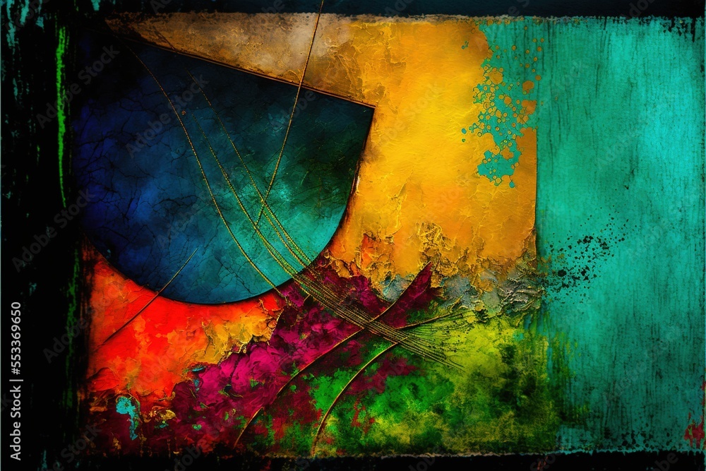 Poster a painting of a boat and a colorful background with a black frame and a green border with a yellow b