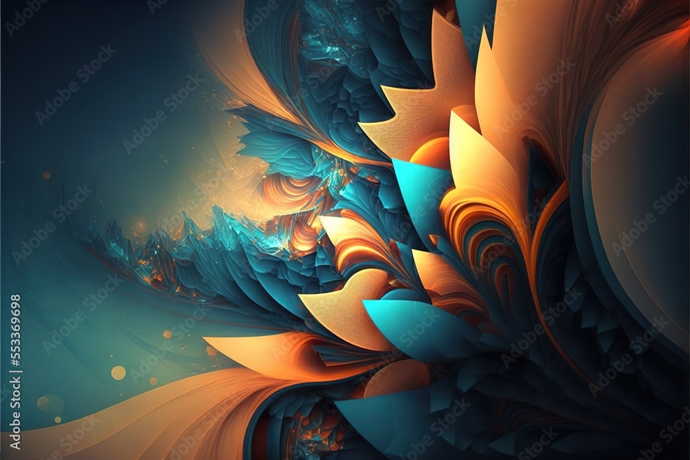 Poster a computer generated image of a blue and orange flower with a black background and a blue sky backgr