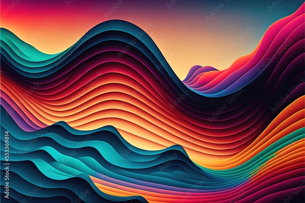Poster a colorful abstract background with wavy lines and a mountain range in the background with a blue sk