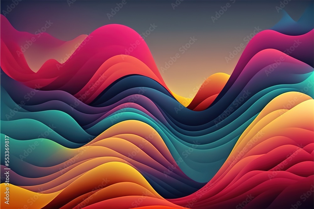 Poster a colorful abstract background with wavy shapes and a black background with a blue border and a whit