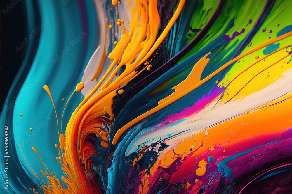 Poster a colorful abstract painting with a black background and a gold frame with a black border and a whit