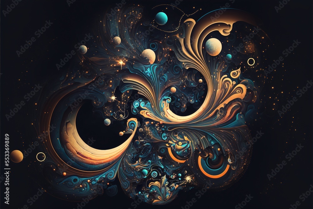 Poster a computer generated image of a swirling design with planets in the background and stars in the sky 