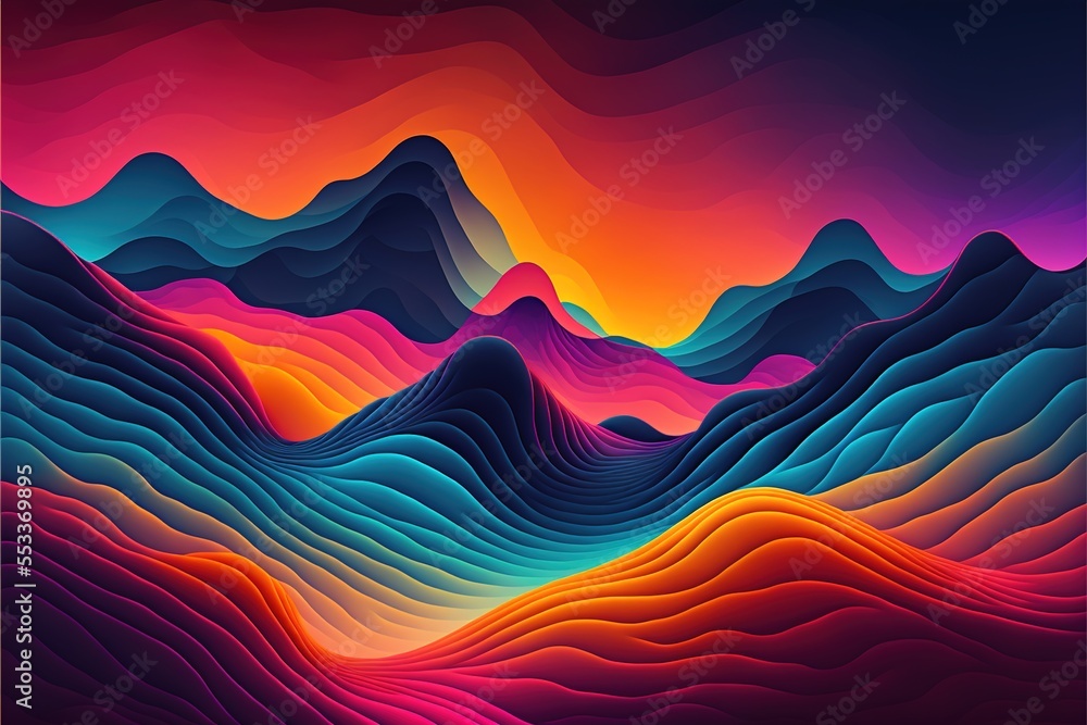 Poster  a colorful abstract painting of mountains and hills with a sunset in the background and a red sky above it. Generative AI