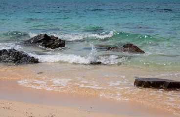Landscape summer front view  tropical sea beach rock blue white sand background calm Nature ocean...