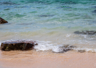 Landscape summer front view  tropical sea beach rock blue white sand background calm Nature ocean...