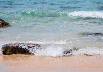 Landscape summer front view  tropical sea beach rock blue white sand background calm Nature ocean...