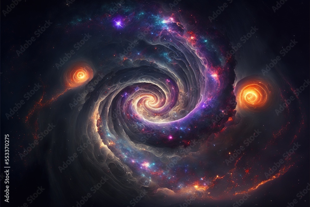 Wall mural a spiral galaxy with stars and a blue and purple background with a black background and a red and bl