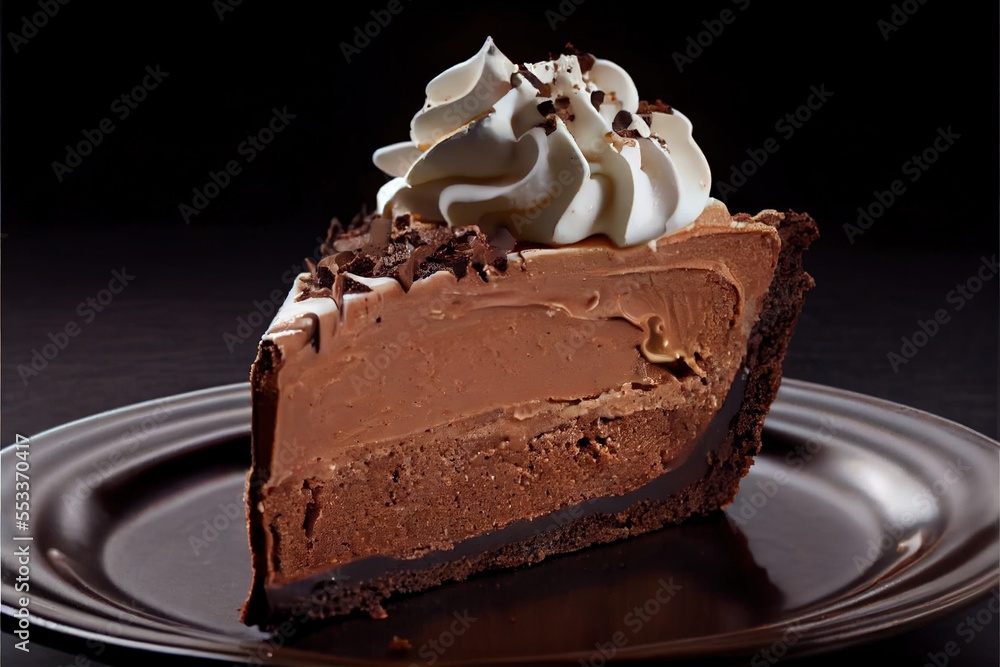 Poster a piece of chocolate pie with whipped cream on top of it on a plate with a fork and knife. generativ
