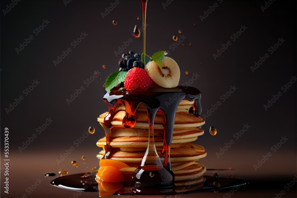 Poster a stack of pancakes with syrup and fruit on top of it. generative ai