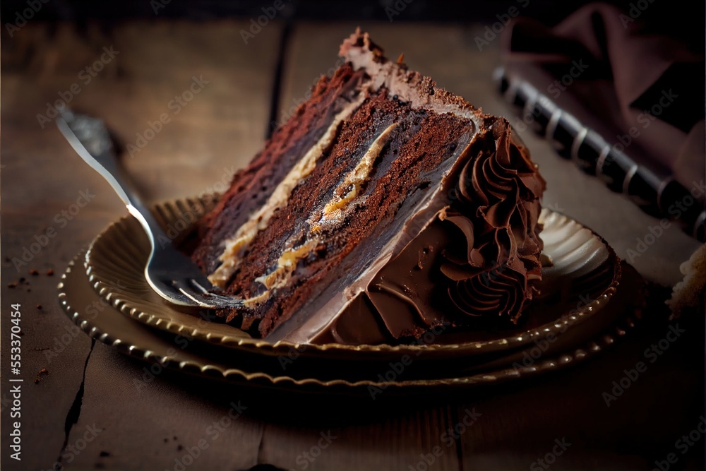 Poster a slice of chocolate cake on a plate with a fork on the side of the plate and a fork in the middle o