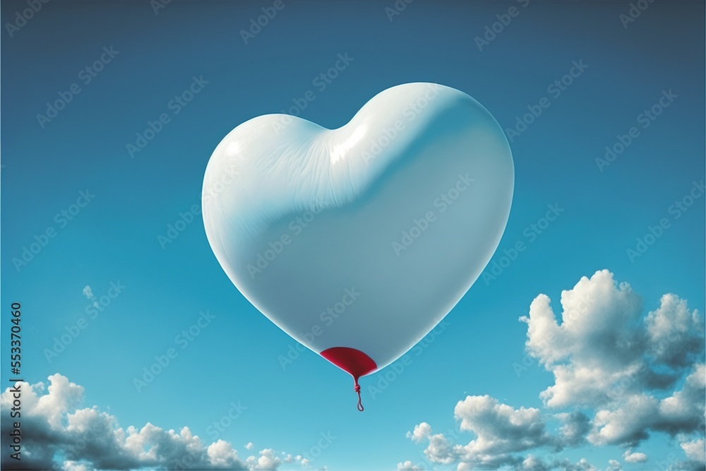 Poster a heart shaped balloon floating in the sky with a red liquid dropper on it's side and a blue sky wit
