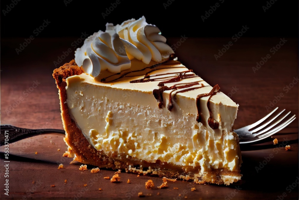 Poster  a piece of cheesecake with a fork on a table with a piece of cake on it and a fork. Generative AI