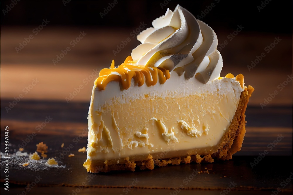 Poster a piece of cheesecake with whipped cream on top of it on a table with a spoon and a fork. generative