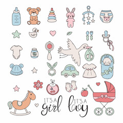 Baby doodle icon. Set of elements. Children stickers.