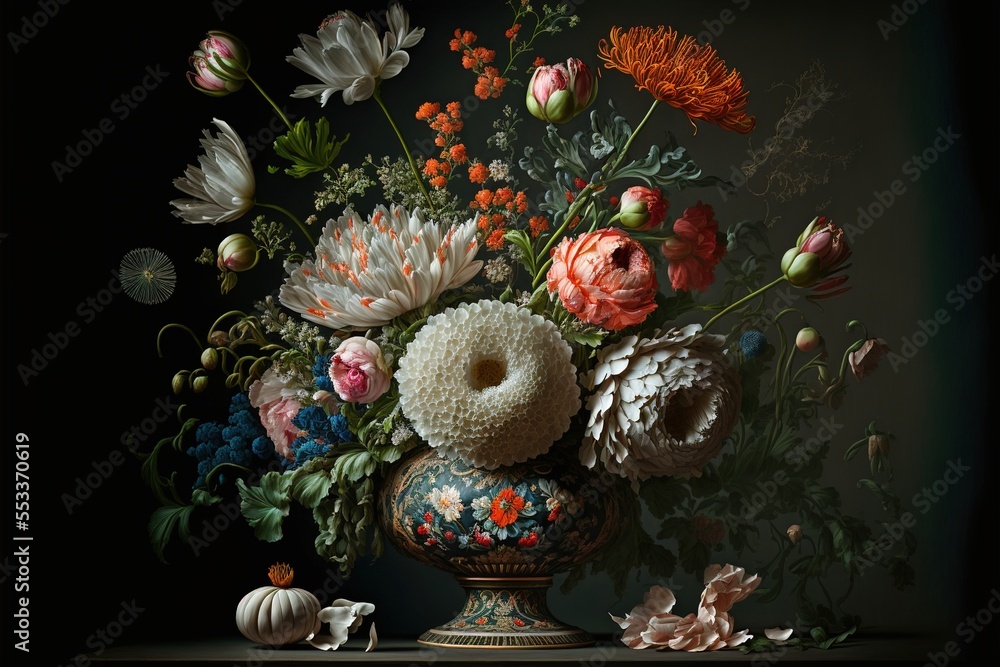 Poster a vase filled with flowers on a table next to a pile of shells and other items on a table. generativ