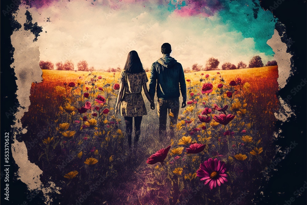 Poster a couple walking through a field of flowers under a cloudy sky with a colorful sky behind them and a