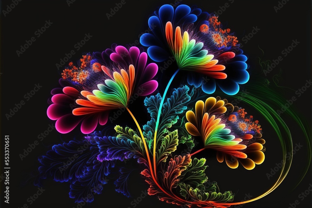 Poster a colorful flower with a black background is shown in this image. generative ai