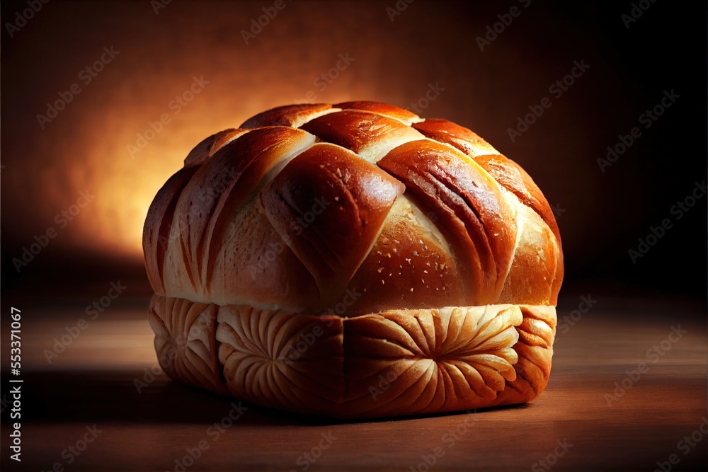 Poster a loaf of bread with a braided crust on a table top with a light shining on it and a dark background