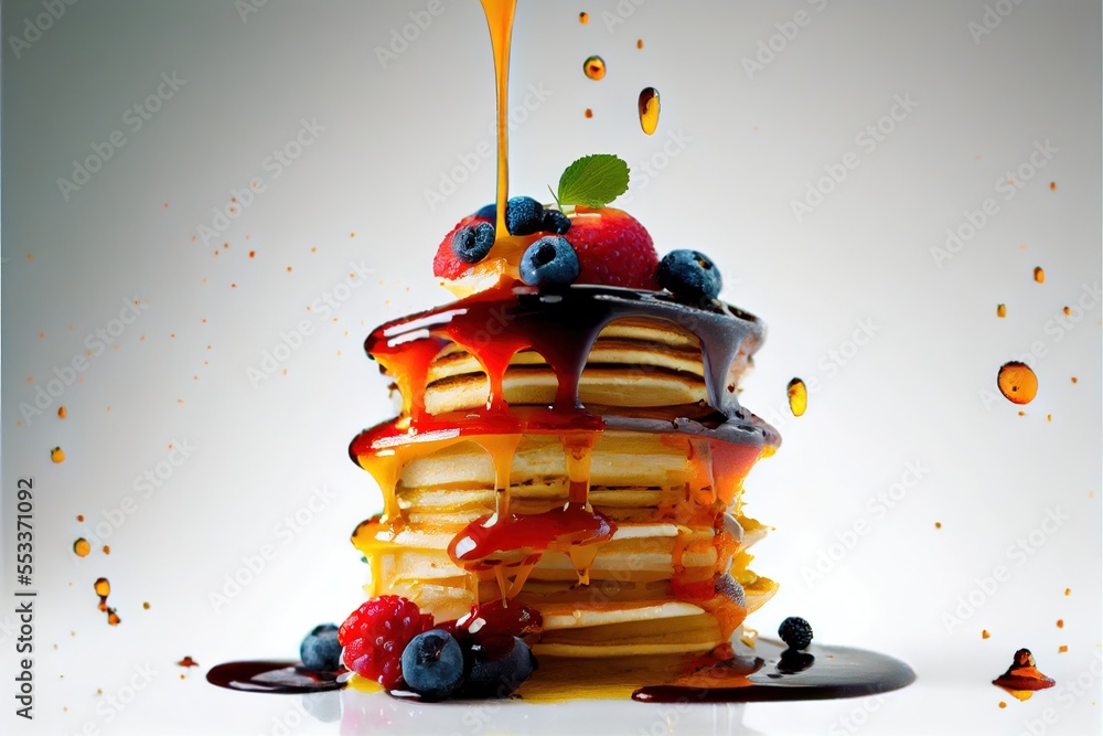 Poster a stack of pancakes with syrup and berries on top of it and drizzled with syrup and syrup. generativ