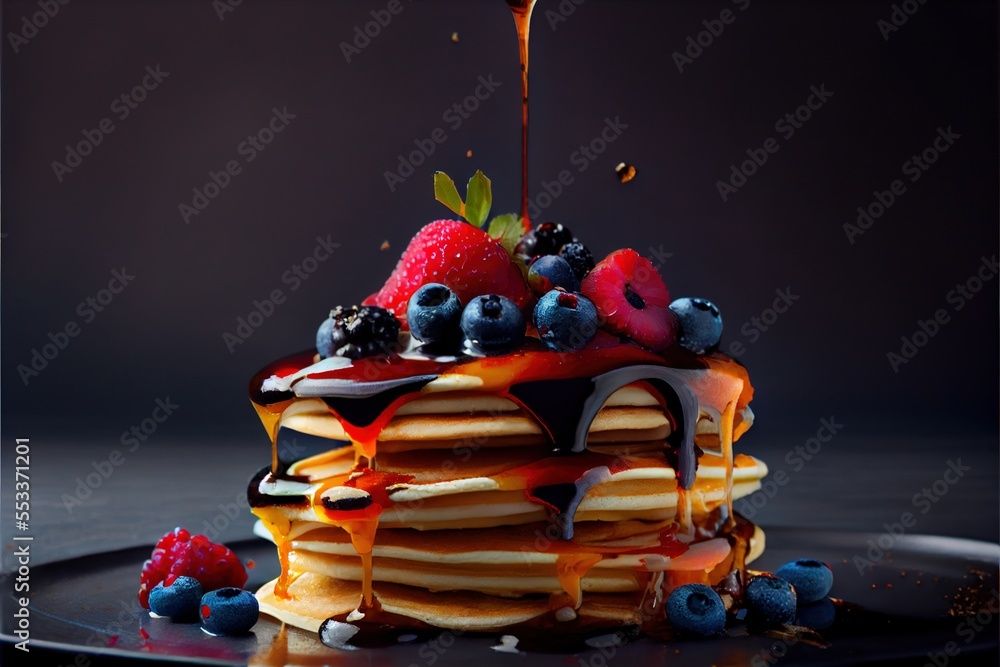 Aufkleber a stack of pancakes with syrup and berries on top of it on a plate with a spoon and a spoon. generat