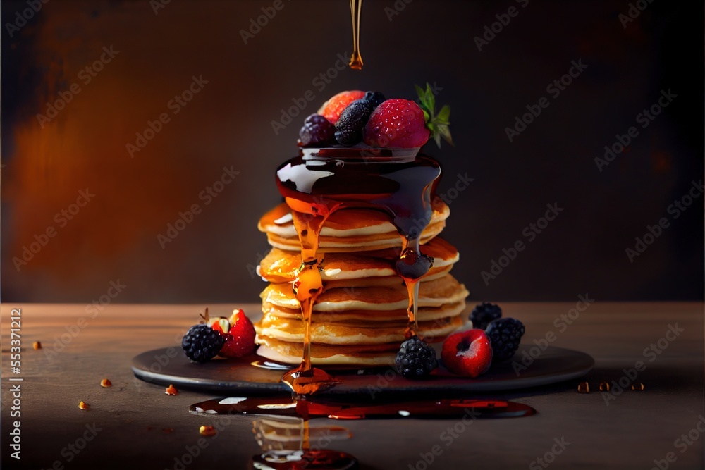Poster a stack of pancakes with syrup and fruit on top of it. generative ai