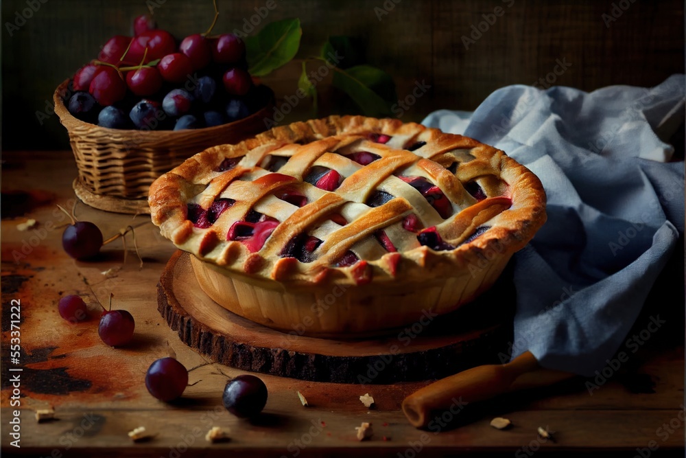 Poster  a pie with a latticed crust and cherries on a table next to a basket of grapes and a knife. Generative AI