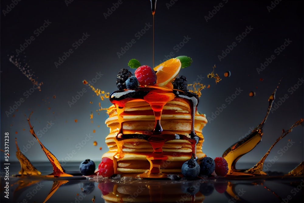 Poster a stack of pancakes with fruit and syrup on top of it. generative ai