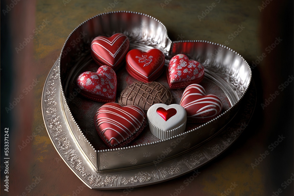Poster a heart shaped tin with chocolates in it on a table top with a heart shaped cookie tin on it. genera