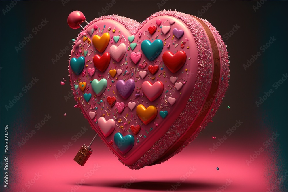 Poster a heart shaped cake with many hearts on it and a tag hanging from the top of it. generative ai