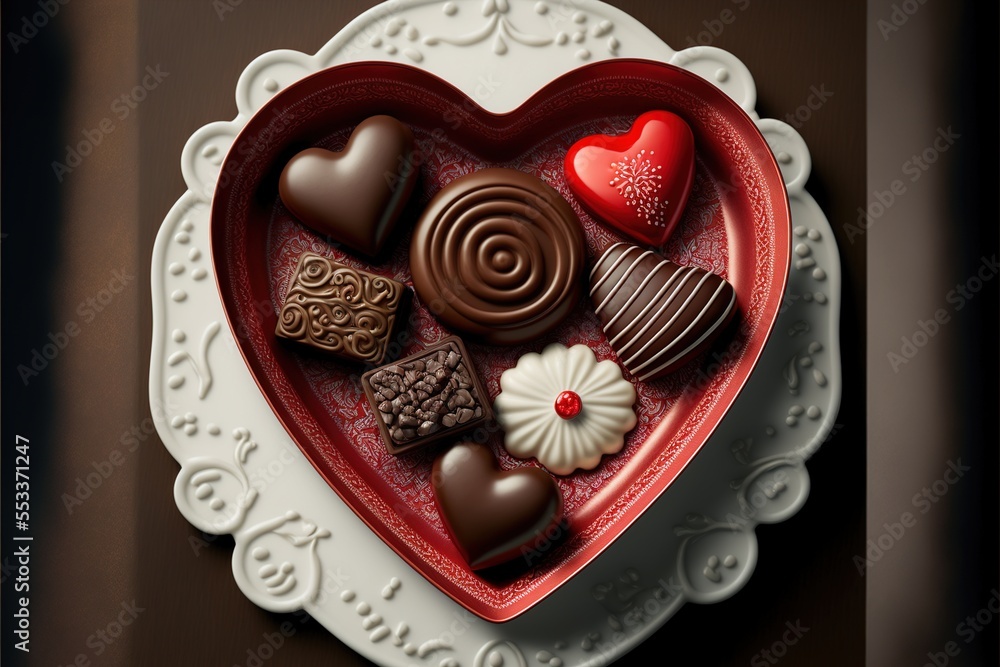 Aufkleber a heart shaped plate with assorted chocolates in it on a table top with a white doily. generative ai