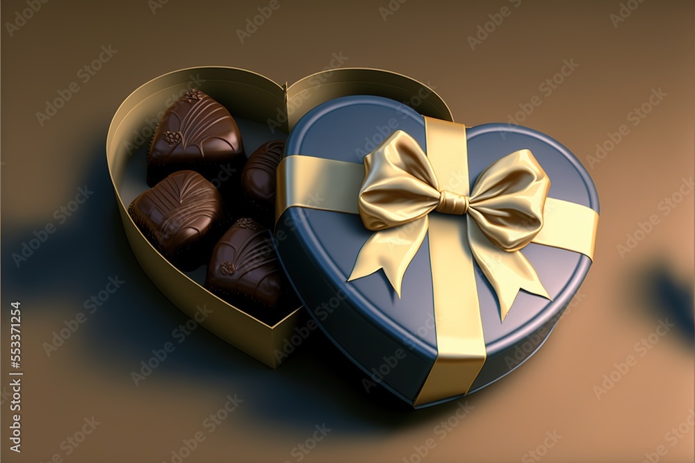 Poster a heart shaped box with a bow and chocolates inside of it on a table top with a shadow. generative a