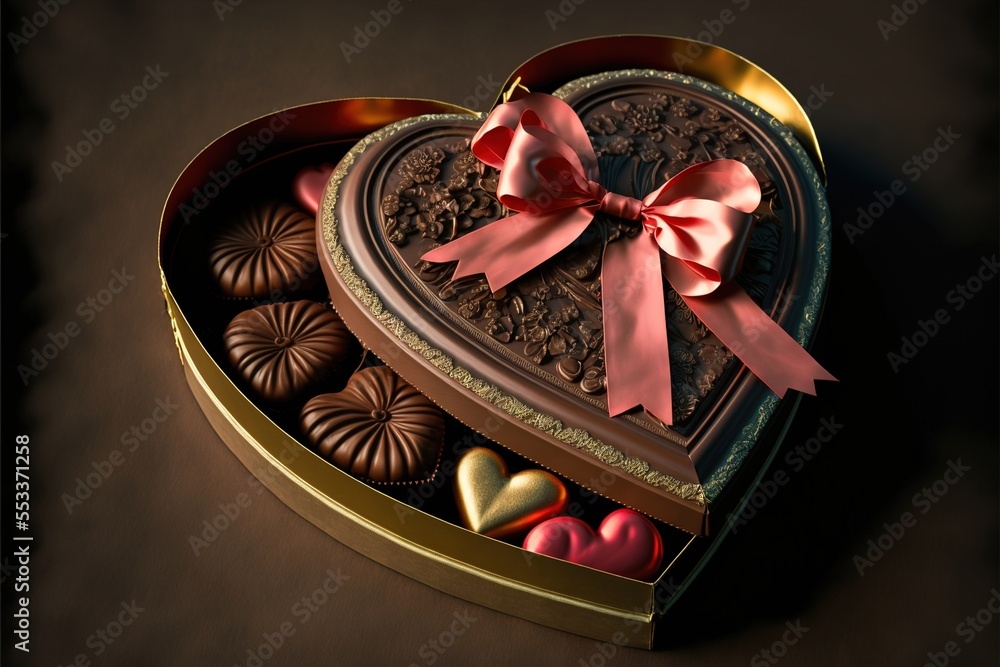 Poster a heart shaped box filled with chocolates and a bow on top of it's lid. generative ai