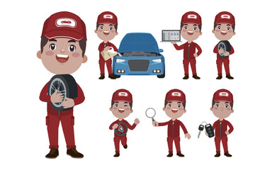 Set of technician with different poses