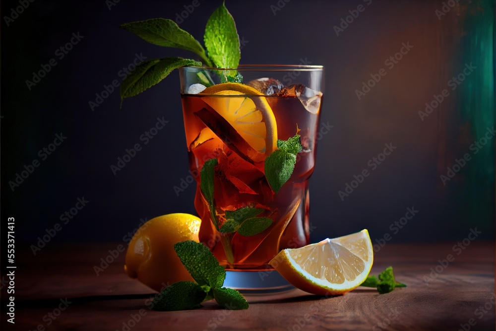 Poster a glass of tea with lemon and mint on a table with a slice of lemon and mint on the side. generative