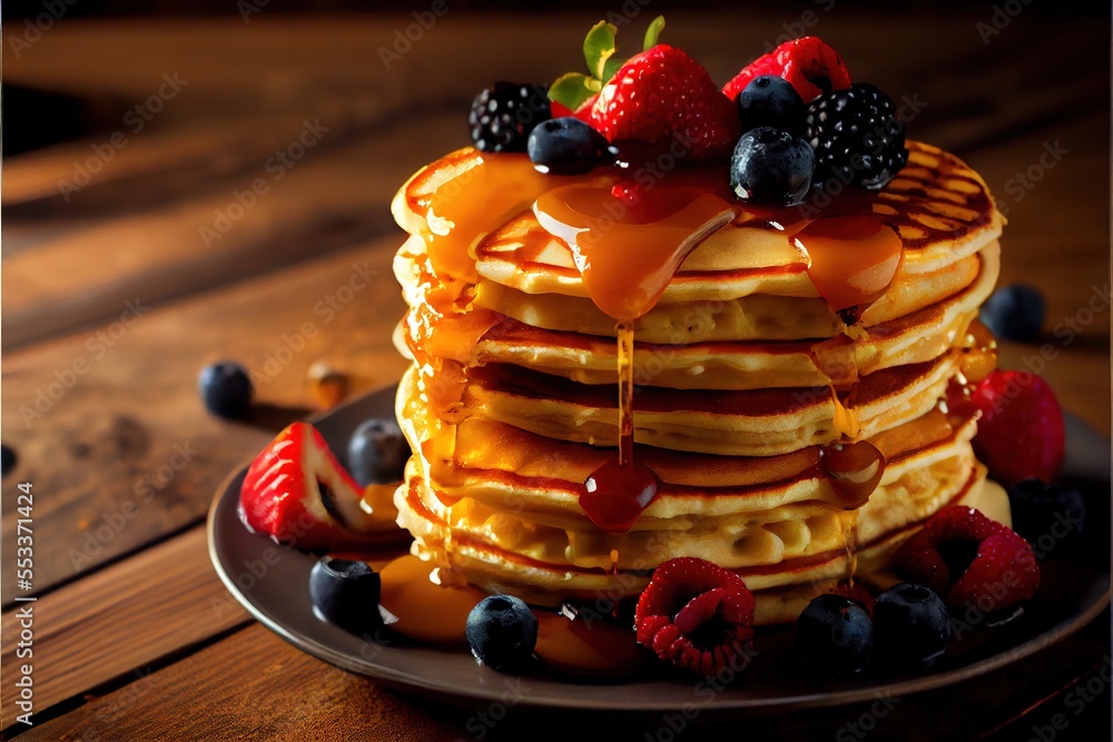 Poster a stack of pancakes with syrup and berries on a plate on a table with a wooden table top and a woode