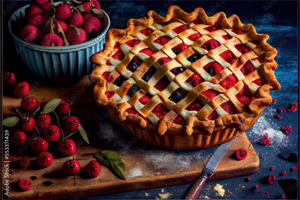 Poster a pie with a lattice design on top of it next to a bowl of cherries and a knife. generative ai