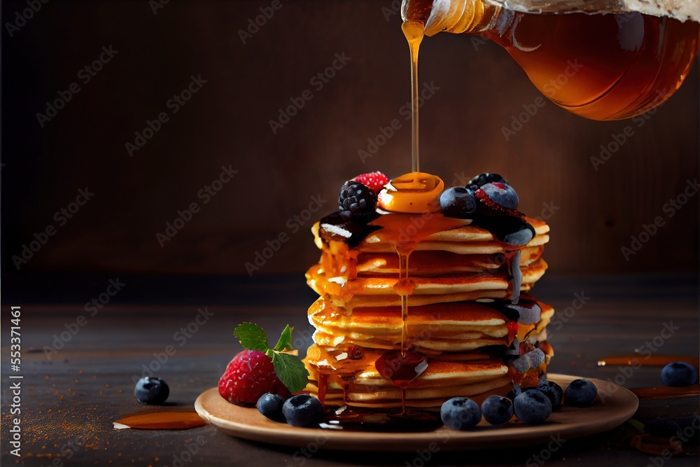 Poster a stack of pancakes with syrup being poured on top of them and berries on the plate next to them. ge