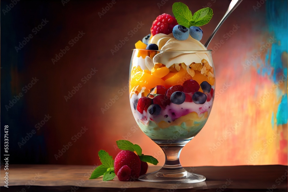 Poster a glass of fruit salad with a spoon in it and a spoon in it with a spoon in it. generative ai